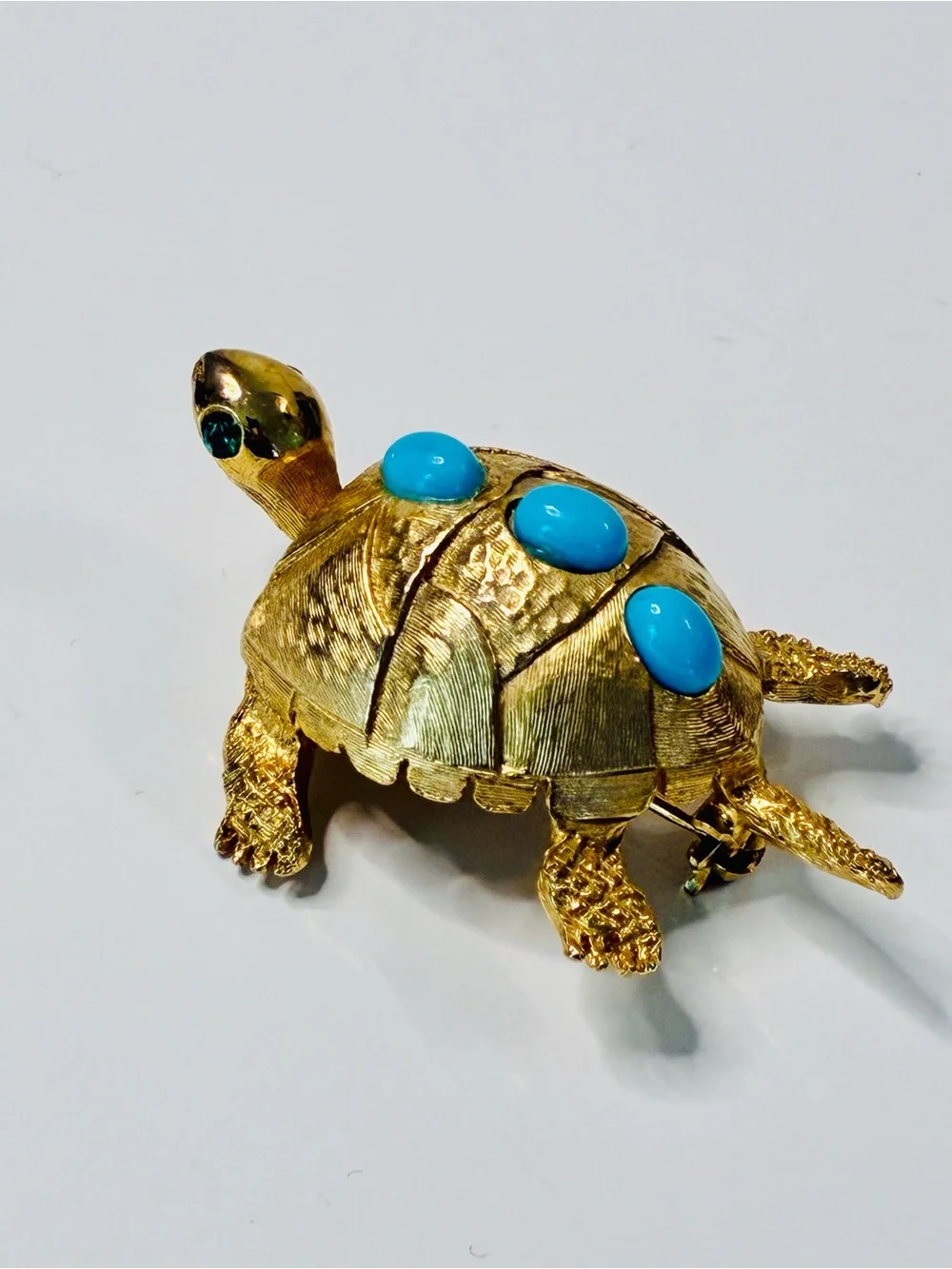 VTG PELL Gold-Tone Turtle Brooch with Turquoise Cabochons and Emerald Eyes EUC
